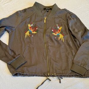 Janina Women’s Jacket Zipper Front Khaki Embroidered Birds / Flowers